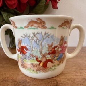 Vintage Royal Doulton Bunnykins Two Handled Mug Roller Skating Rabbits Baby Gift